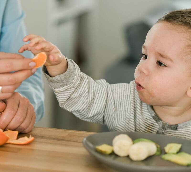 Niño pequeño comiendo fruta en trozos seguros mientras un adulto lo supervisa atentamente en la mesa.