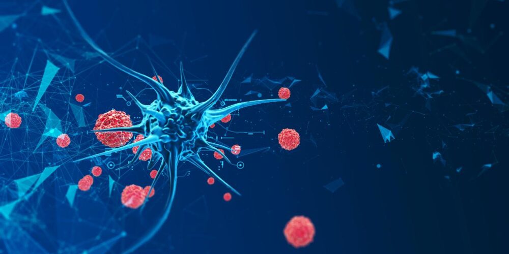 Ilustración médica que muestra conexión entre virus y cáncer