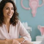 mujer madura sonriendo en consulta ginecológica, símbolo de bienestar y salud íntima femenina