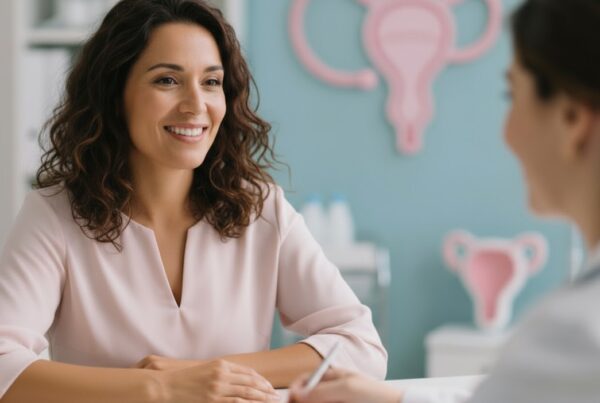 mujer madura sonriendo en consulta ginecológica, símbolo de bienestar y salud íntima femenina