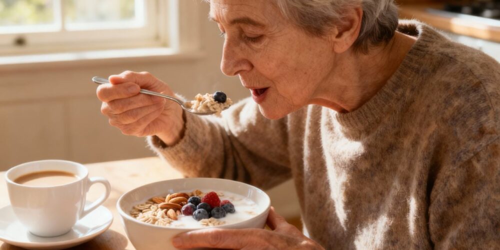 Persona mayor cuidando su alimentación para mantener un intestino y cerebro saludables, en relación con la prevención del Alzheimer