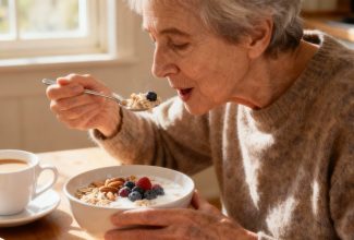 Persona mayor cuidando su alimentación para mantener un intestino y cerebro saludables, en relación con la prevención del Alzheimer