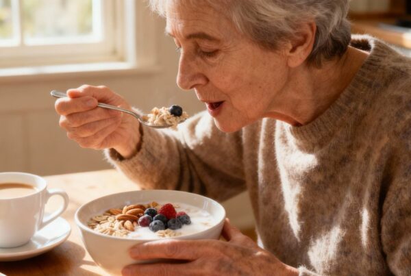 Persona mayor cuidando su alimentación para mantener un intestino y cerebro saludables, en relación con la prevención del Alzheimer