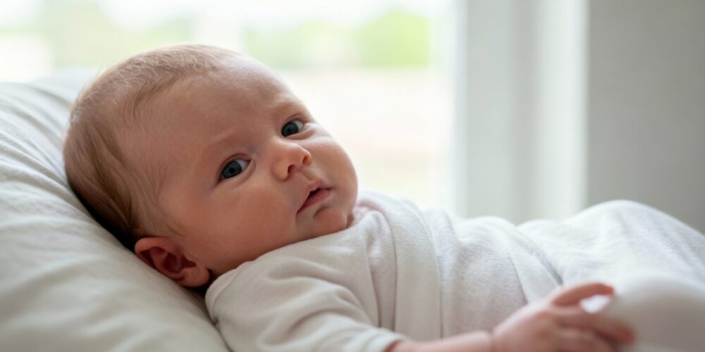 Bebé con cabeza plana recostado y mirada hacia un lado