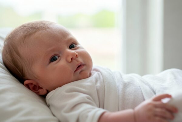 Bebé con cabeza plana recostado y mirada hacia un lado