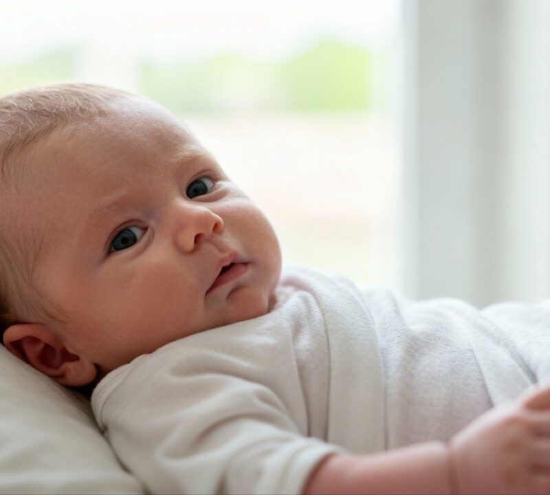 Bebé con cabeza plana recostado y mirada hacia un lado