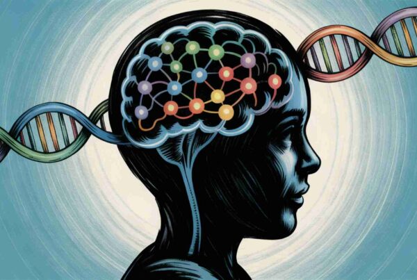 Ilustración de una silueta de cabeza humana con redes neuronales iluminadas y cadenas de ADN, representando la genética de los trastornos psiquiátricos.
