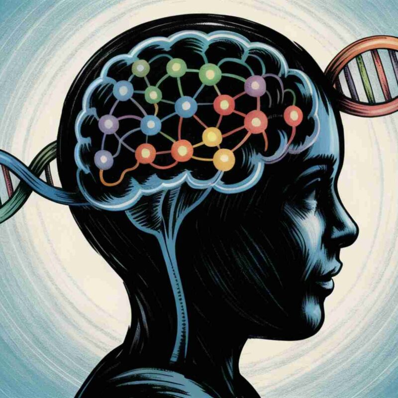 Ilustración de una silueta de cabeza humana con redes neuronales iluminadas y cadenas de ADN, representando la genética de los trastornos psiquiátricos.