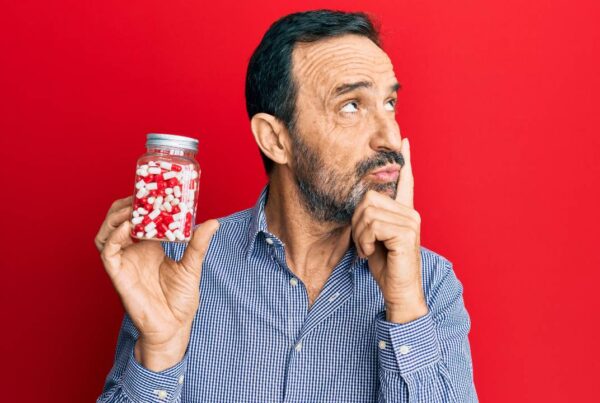 Persona sosteniendo un frasco de pastillas con gesto de reflexión, simbolizando la decisión de dejar los antidepresivos.