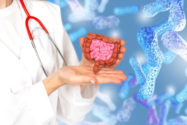 Representación del intestino y la microbiota en las manos de una persona