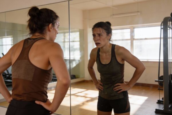 Persona con adicción al ejercicio en el gimnasio con gesto de cansancio y preocupación frente al espejo.