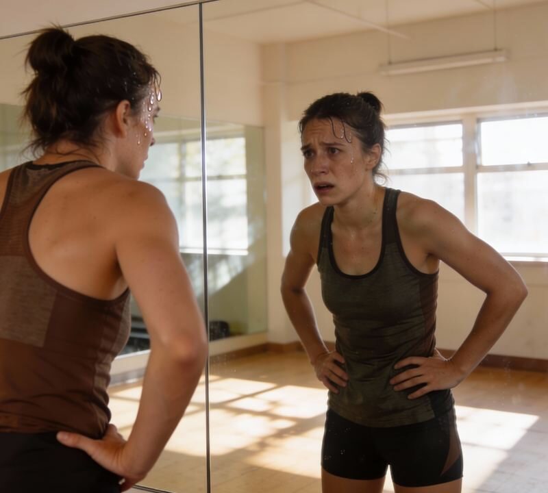 Persona con adicción al ejercicio en el gimnasio con gesto de cansancio y preocupación frente al espejo.