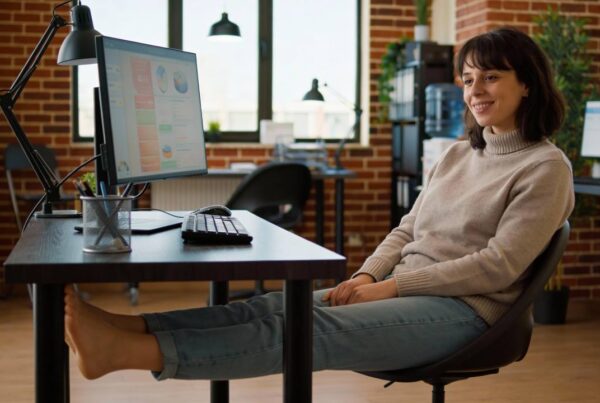Persona trabajando sentada frente a computadora estirando piernas para reducir efectos del sedentarismo