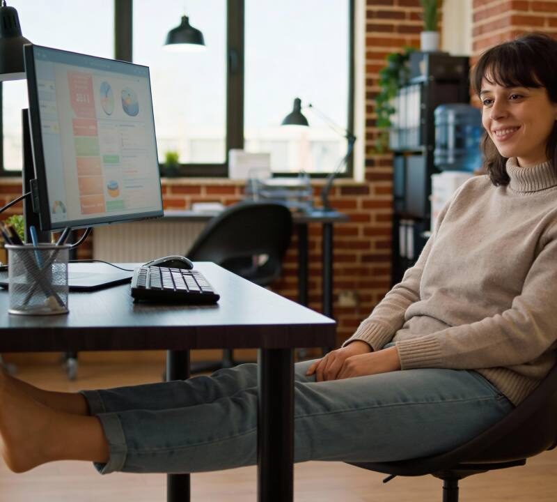 Persona trabajando sentada frente a computadora estirando piernas para reducir efectos del sedentarismo