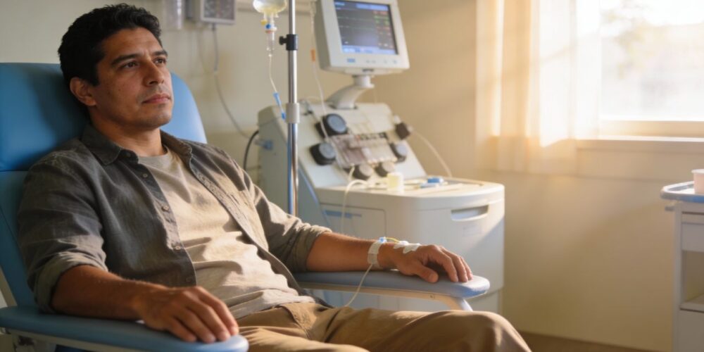 Paciente recibiendo quimioterapia por la mañana en hospital