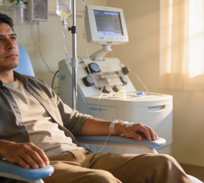Paciente recibiendo quimioterapia por la mañana en hospital