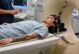 Persona con tatuajes realizándose una resonancia magnética de forma segura