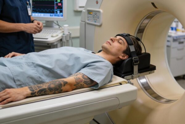 Persona con tatuajes realizándose una resonancia magnética de forma segura