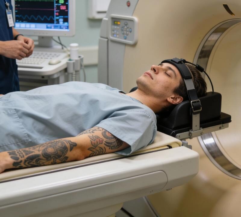 Persona con tatuajes realizándose una resonancia magnética de forma segura