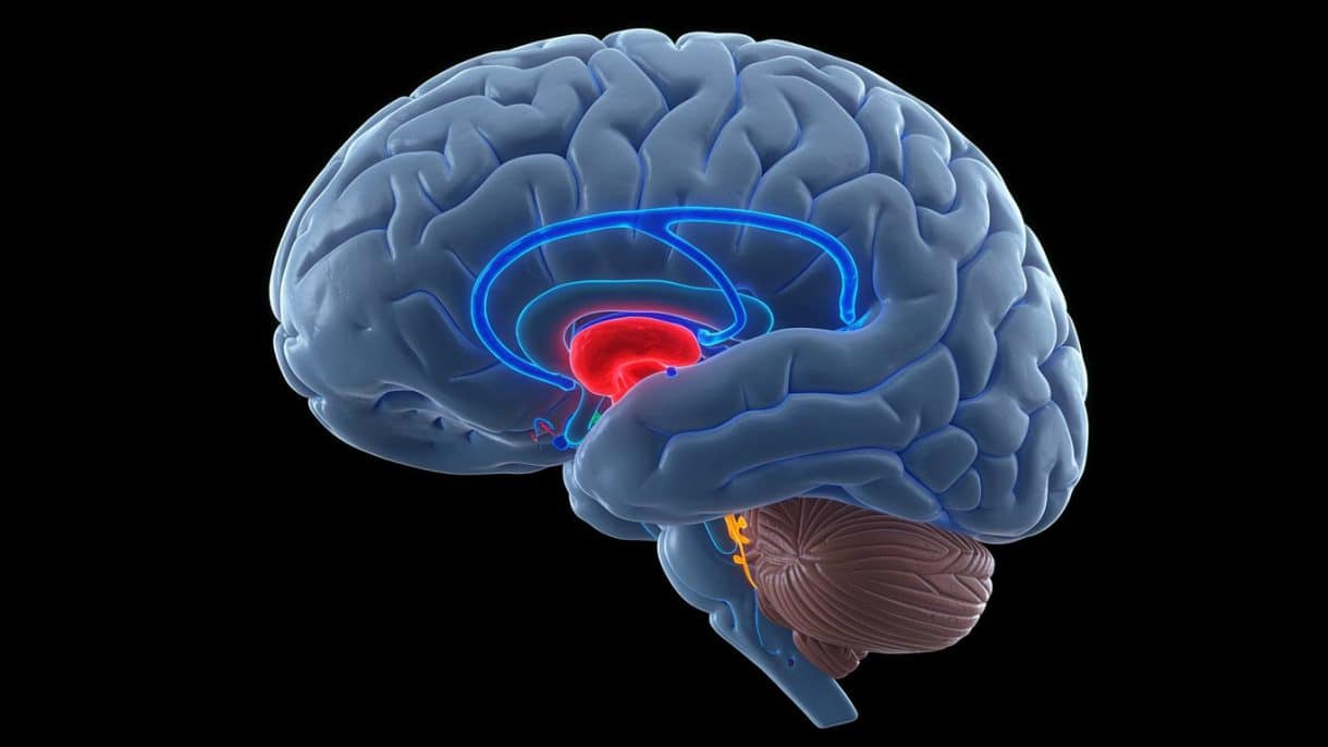 Ilustración del cerebro humano destacando la vía dopaminérgica y el área tegmental ventral.