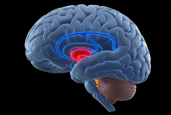 Ilustración del cerebro humano destacando la vía dopaminérgica y el área tegmental ventral.