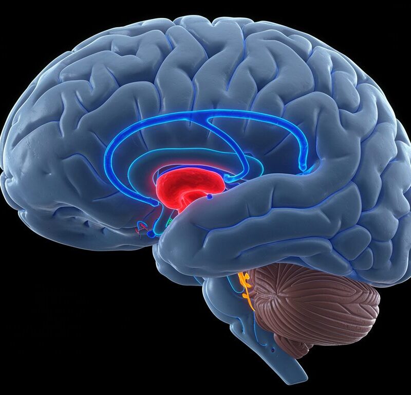 Ilustración del cerebro humano destacando la vía dopaminérgica y el área tegmental ventral.