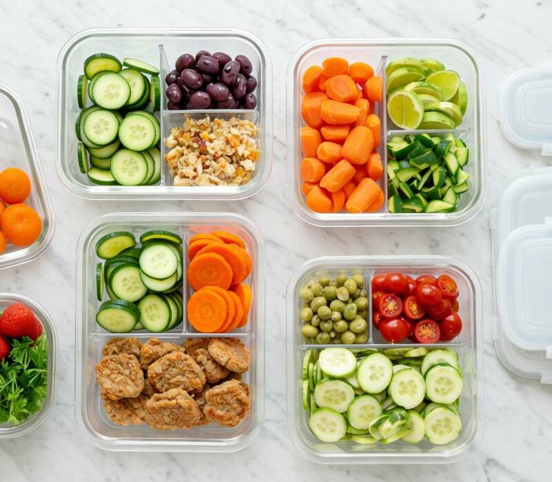 Envases de plástico y vidrio para conservar alimentos en la cocina