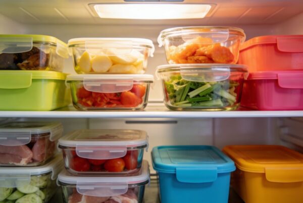 Envases de plástico para alimentos almacenados en refrigerador junto a recipientes de vidrio