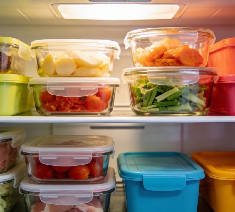 Envases de plástico para alimentos almacenados en refrigerador junto a recipientes de vidrio