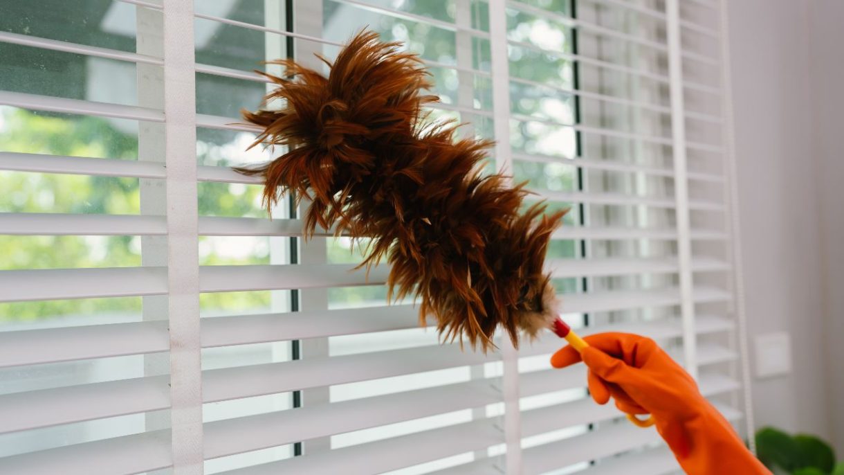Persona limpiando el polvo y ventilando una habitación para mejorar la calidad del aire en casa