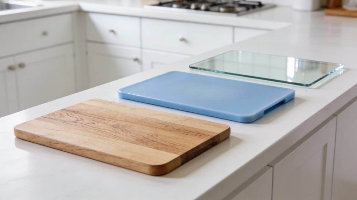 Diferentes tablas de cortar de madera, plástico y vidrio en una cocina
