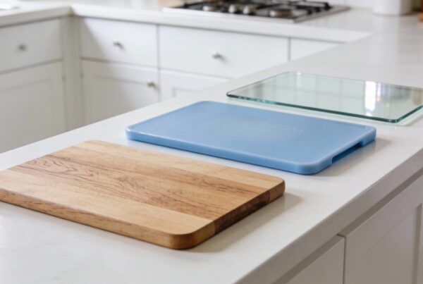 Diferentes tablas de cortar de madera, plástico y vidrio en una cocina