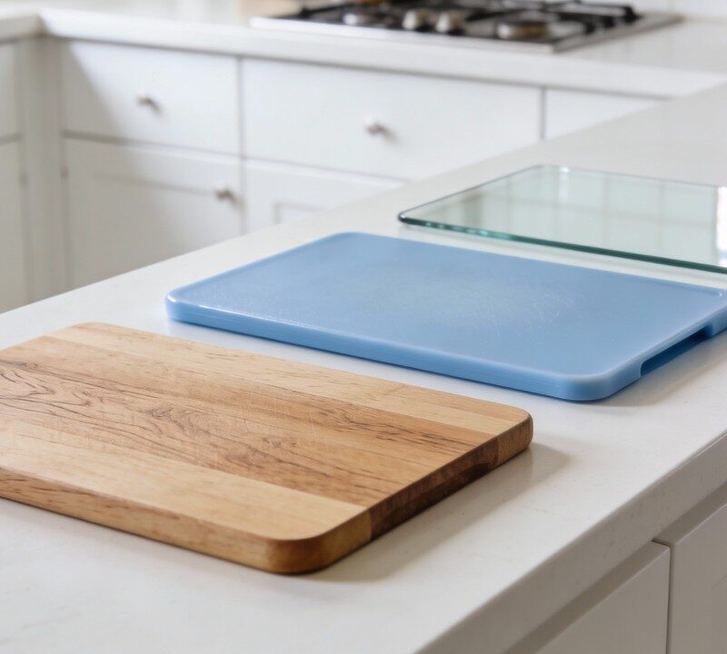 Diferentes tablas de cortar de madera, plástico y vidrio en una cocina