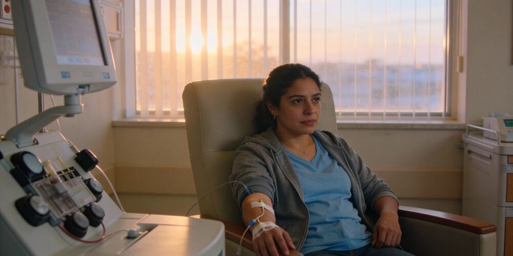 Paciente en una sala de hospital recibiendo tratamiento médico durante las primeras horas del día.