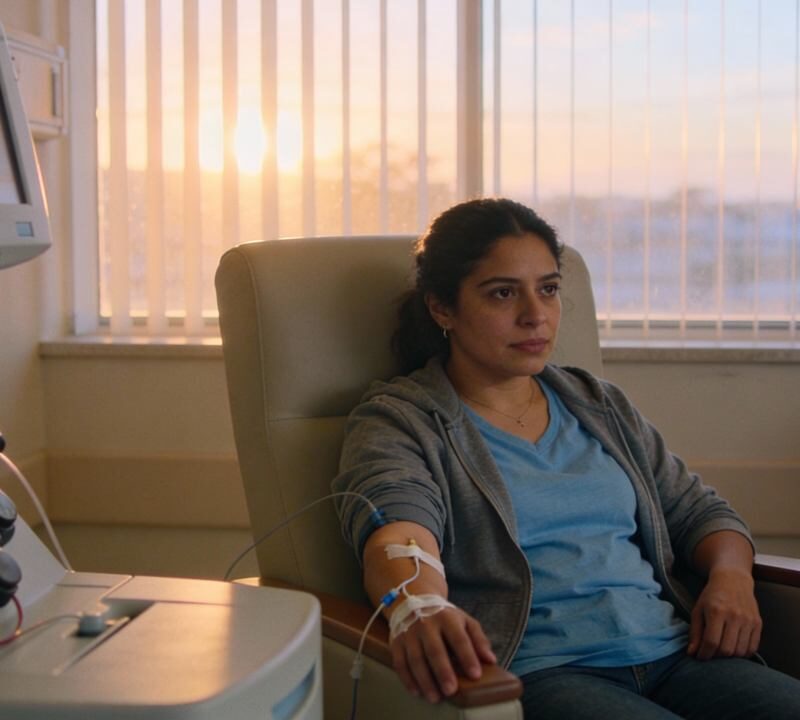 Paciente en una sala de hospital recibiendo tratamiento médico durante las primeras horas del día.