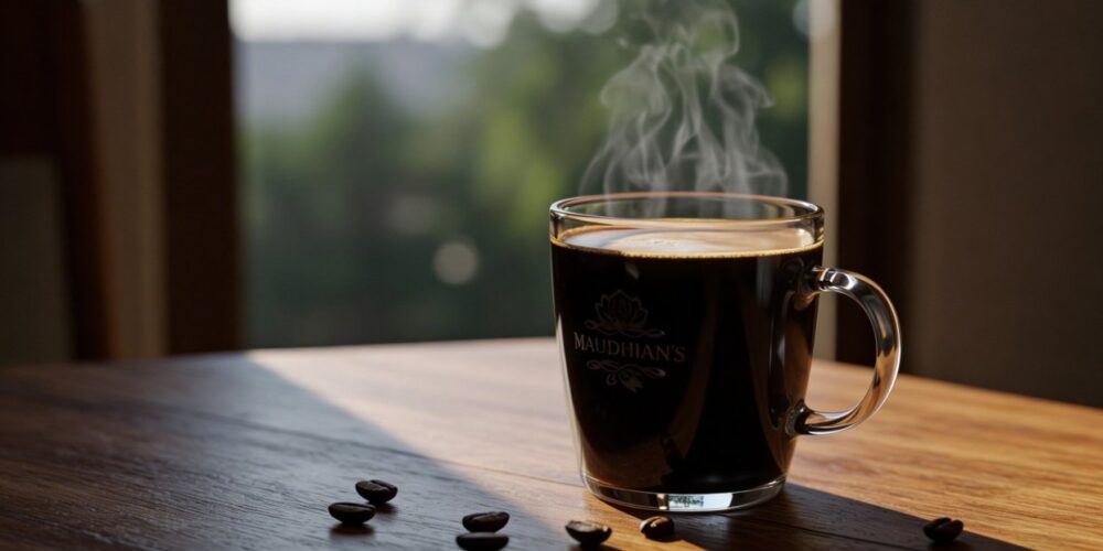 Taza de café humeante sobre una mesa de madera, simbolizando los beneficios del café para la memoria y la salud cerebral.