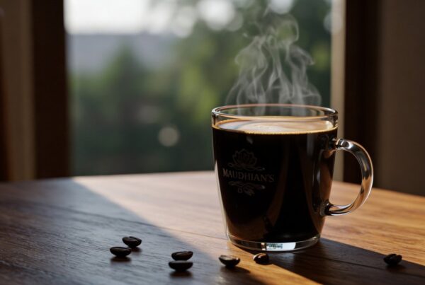Taza de café humeante sobre una mesa de madera, simbolizando los beneficios del café para la memoria y la salud cerebral.