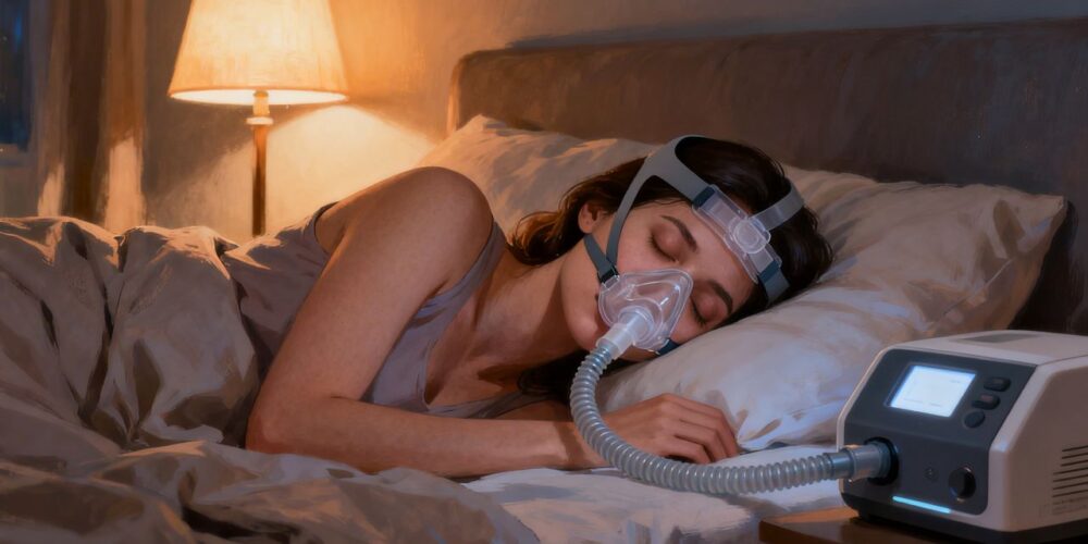 Persona usando mascarilla CPAP durante la noche para tratar la apnea del sueño