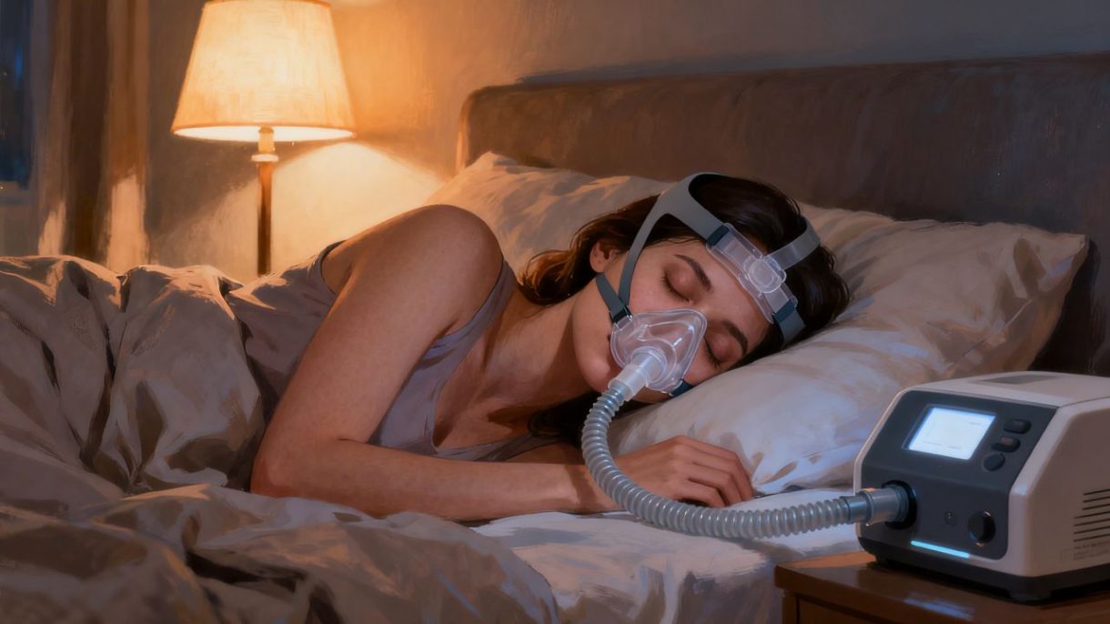 Persona usando mascarilla CPAP durante la noche para tratar la apnea del sueño