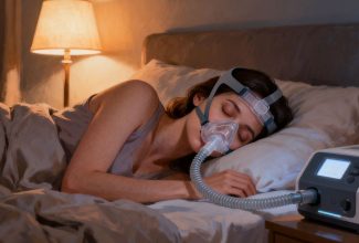 Persona usando mascarilla CPAP durante la noche para tratar la apnea del sueño