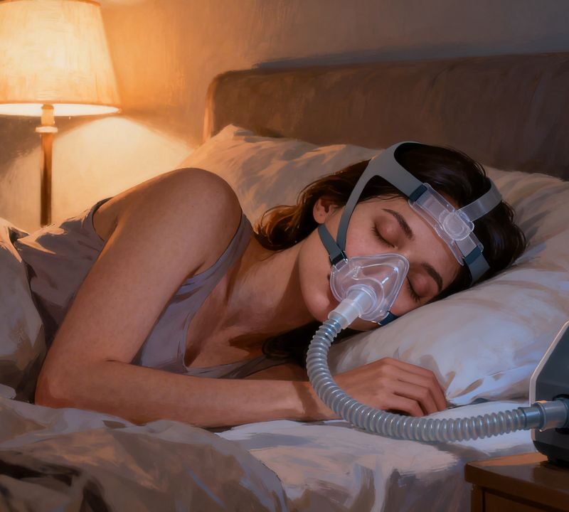Persona usando mascarilla CPAP durante la noche para tratar la apnea del sueño