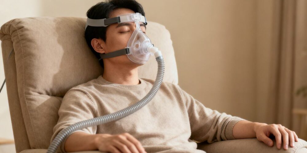 Persona descansando plácidamente en una habitación acogedora mientras utiliza una mascarilla de CPAP, ilustrando el cuidado de la apnea del sueño y el Parkinson.
