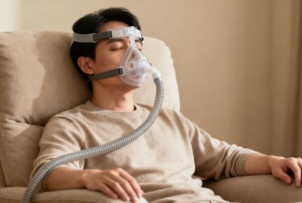 Persona descansando plácidamente en una habitación acogedora mientras utiliza una mascarilla de CPAP, ilustrando el cuidado de la apnea del sueño y el Parkinson.