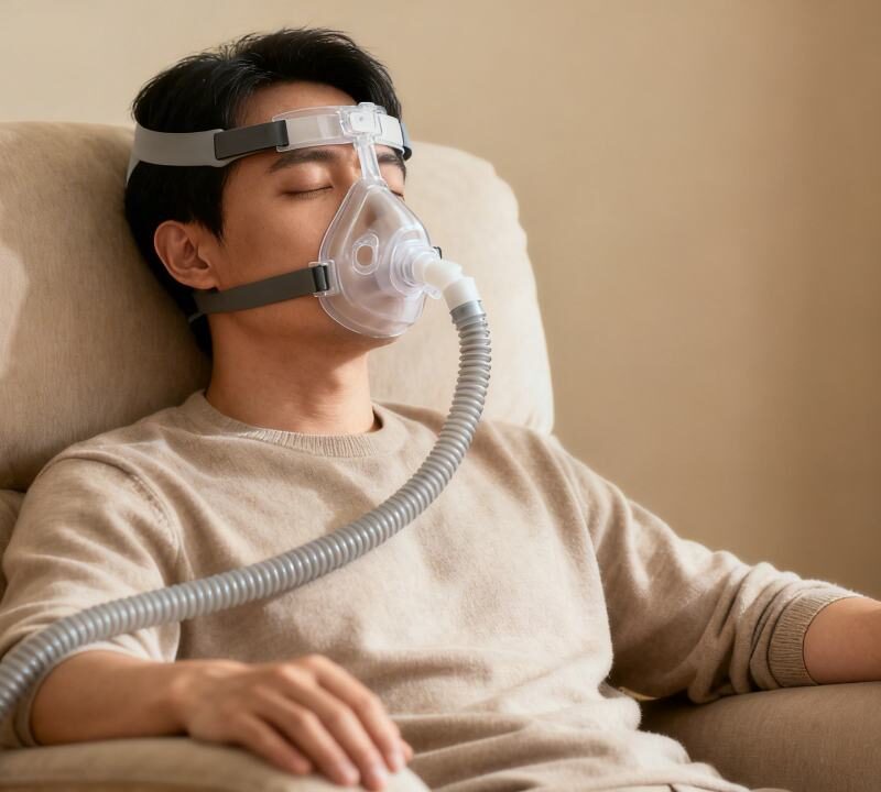 Persona descansando plácidamente en una habitación acogedora mientras utiliza una mascarilla de CPAP, ilustrando el cuidado de la apnea del sueño y el Parkinson.
