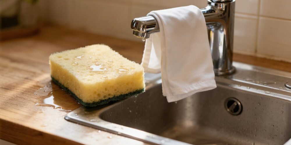 Esponja de cocina húmeda junto a trapo limpio secándose