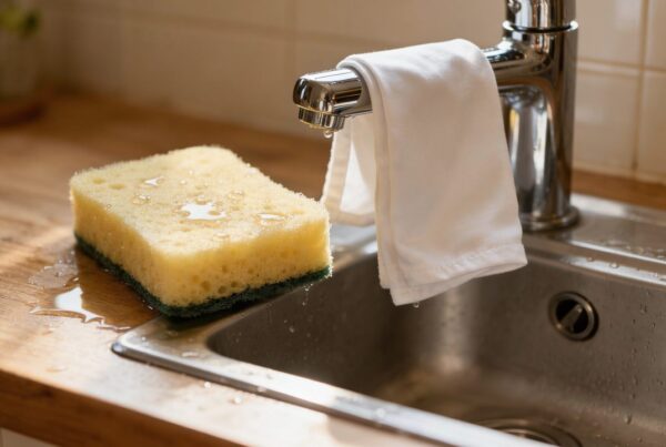 Esponja de cocina húmeda junto a trapo limpio secándose