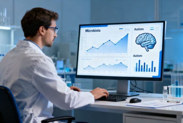 Científico analizando datos sobre microbiota y autismo, con iconos de cerebro.