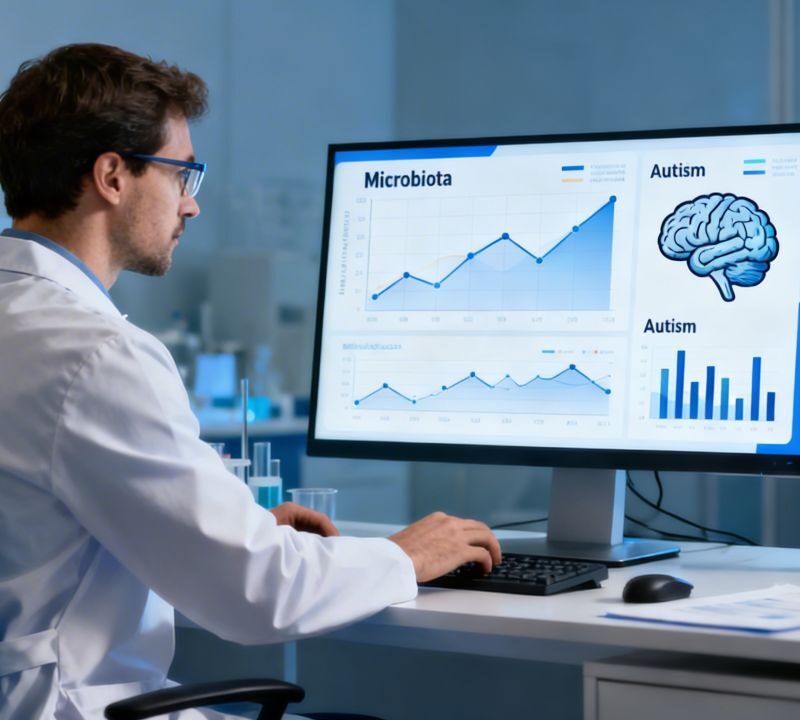 Científico analizando datos sobre microbiota y autismo, con iconos de cerebro.