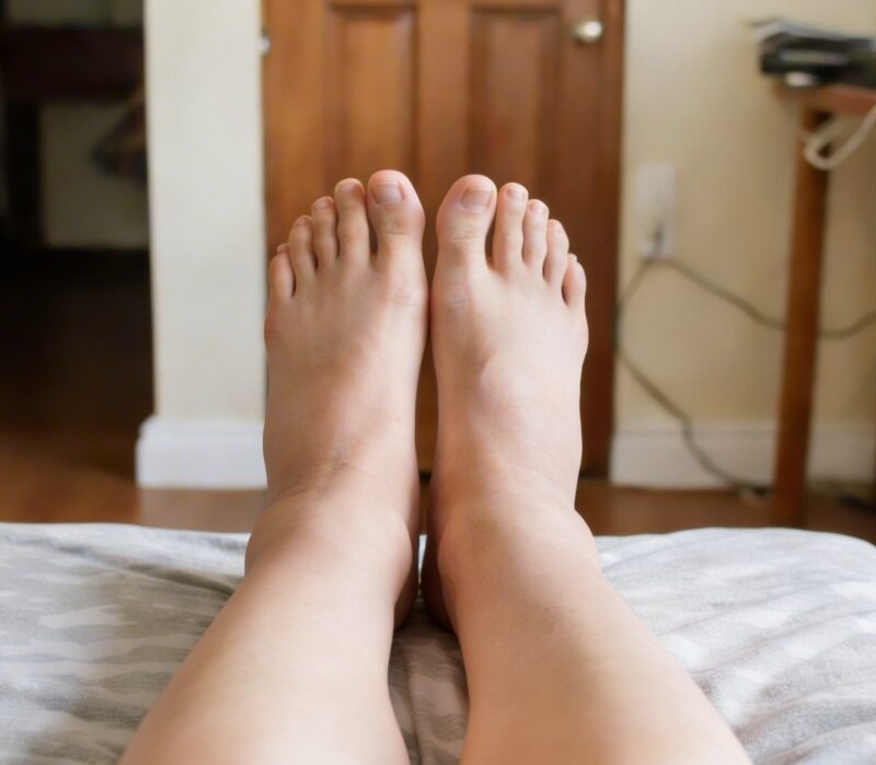 Persona con piernas elevadas por sensación de pesadez e hinchazón