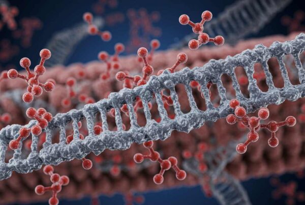 Ilustración de ADN y moléculas relacionadas con el envejecimiento